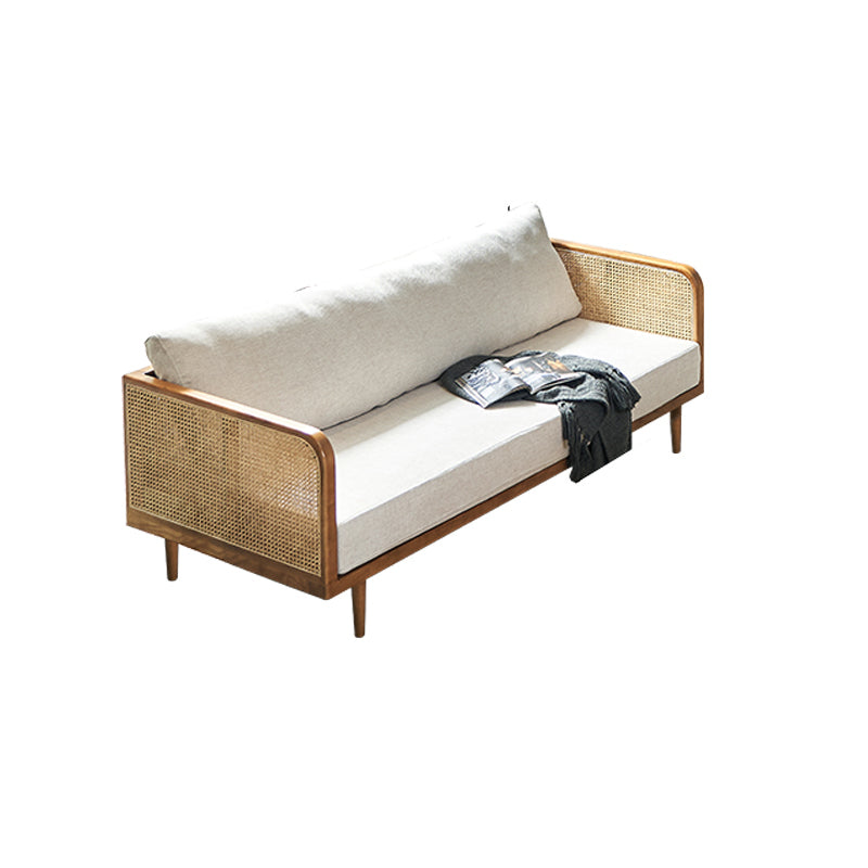 25.59" High Linen Sofa White Tuxedo Arm Sofa with Loose Back in Solid Wood