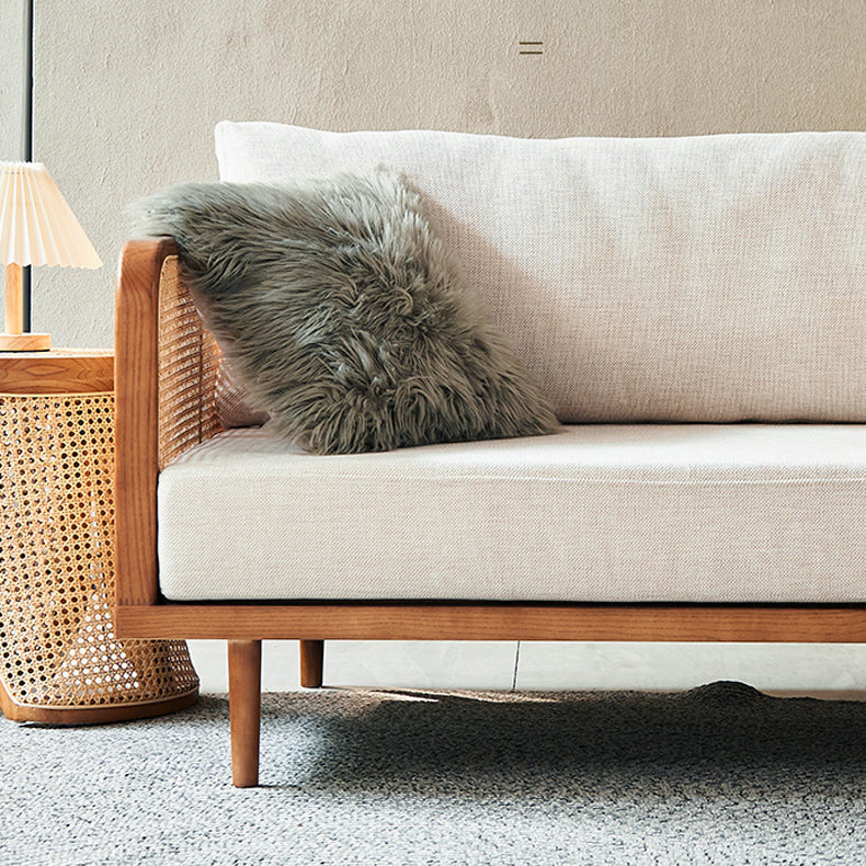 25.59" High Linen Sofa White Tuxedo Arm Sofa with Loose Back in Solid Wood