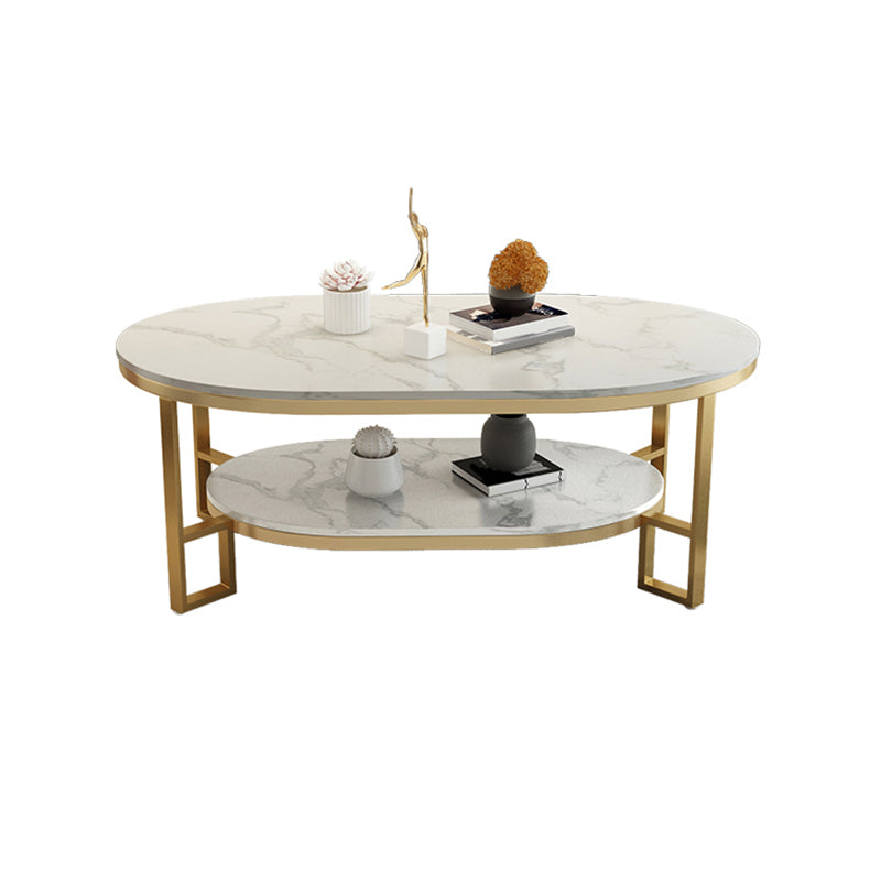 Oval Slate Top Coffee Table Iron 4 Legs Cocktail Table with Shelf