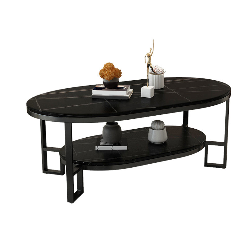 Oval Slate Top Coffee Table Iron 4 Legs Cocktail Table with Shelf
