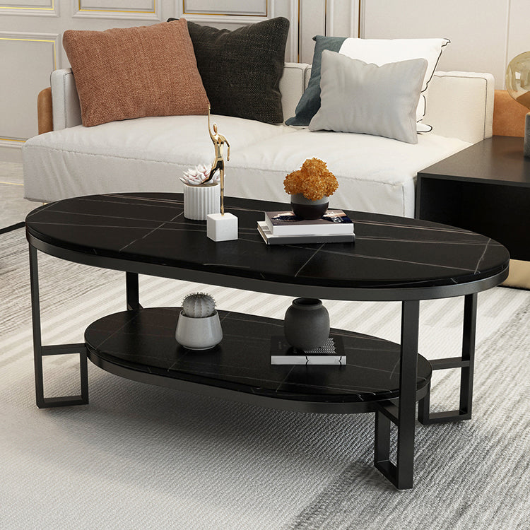 Oval Slate Top Coffee Table Iron 4 Legs Cocktail Table with Shelf