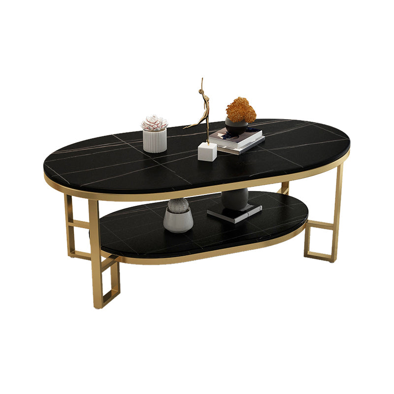 Oval Slate Top Coffee Table Iron 4 Legs Cocktail Table with Shelf