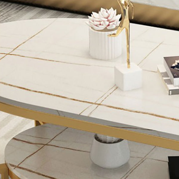 Oval Slate Top Coffee Table Iron 4 Legs Cocktail Table with Shelf