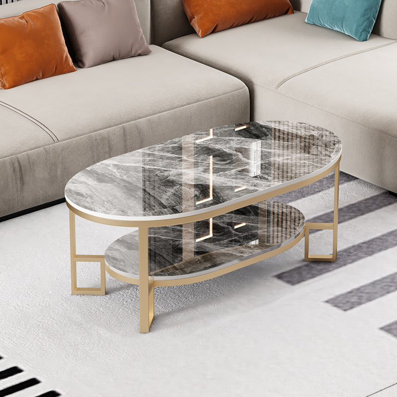 Oval Slate Top Coffee Table Iron 4 Legs Cocktail Table with Shelf