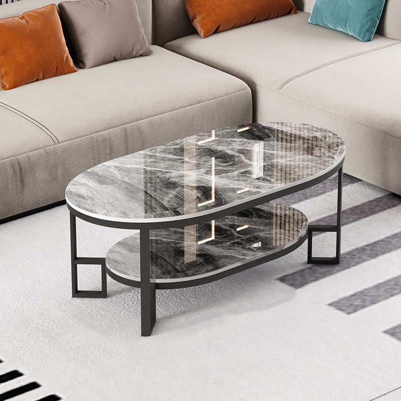 Oval Slate Top Coffee Table Iron 4 Legs Cocktail Table with Shelf
