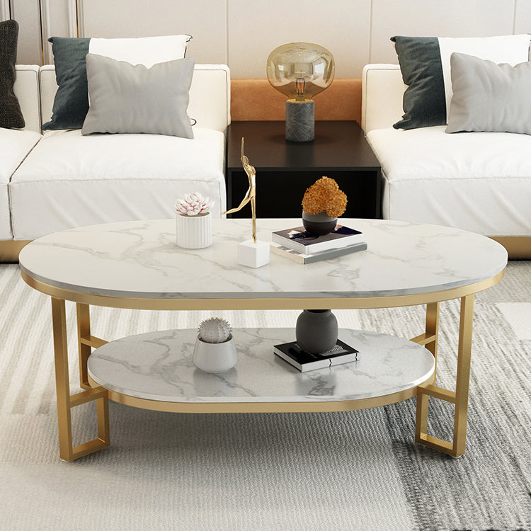 Oval Slate Top Coffee Table Iron 4 Legs Cocktail Table with Shelf