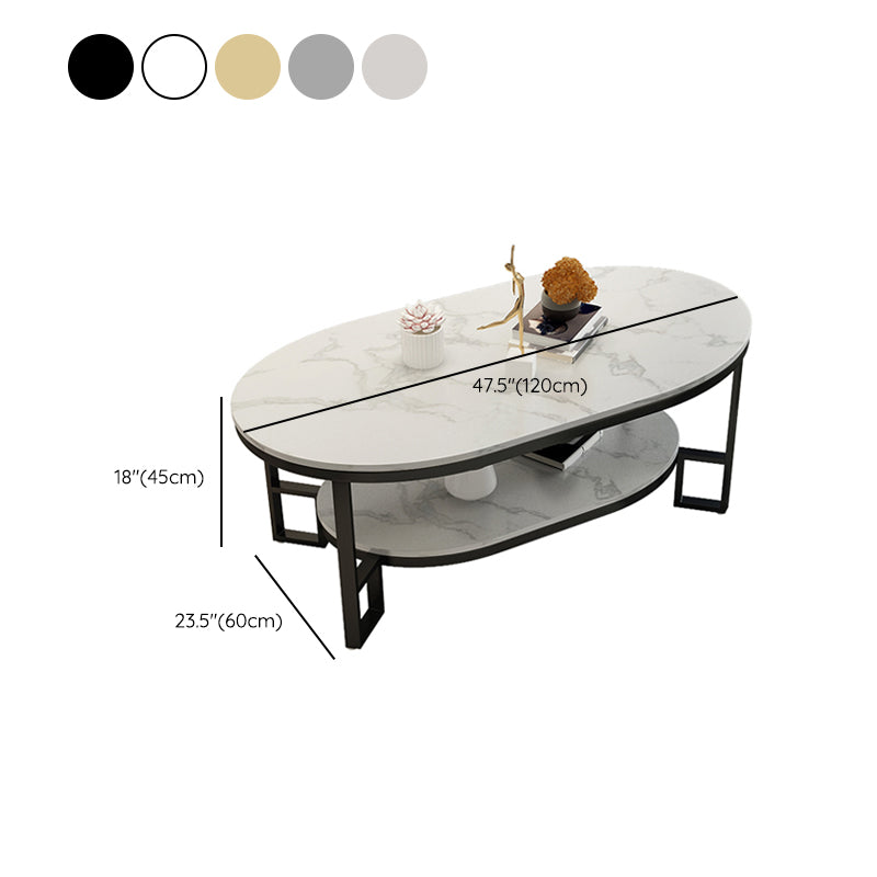 Oval Slate Top Coffee Table Iron 4 Legs Cocktail Table with Shelf