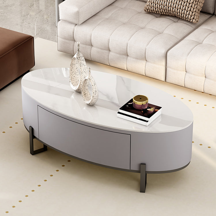 4 Legs Coffee Table Oval Slate Top Cocktail Table with Drawer