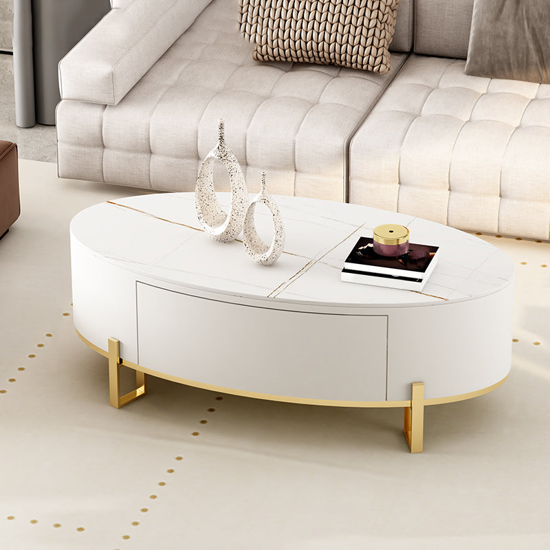 4 Legs Coffee Table Oval Slate Top Cocktail Table with Drawer