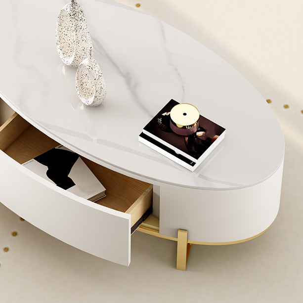 4 Legs Coffee Table Oval Slate Top Cocktail Table with Drawer