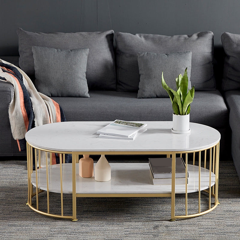 Oval Top Coffee Table Steel Sled Base Cocktail Table with Shelf