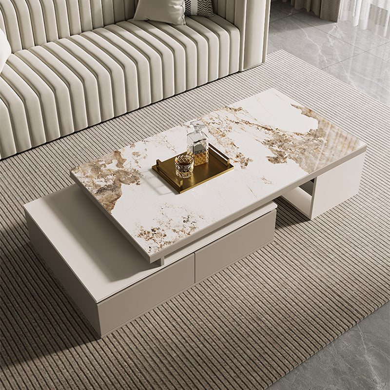 Rectangle Stone Cocktail Table Glam Single Coffee Table with Storage Drawers