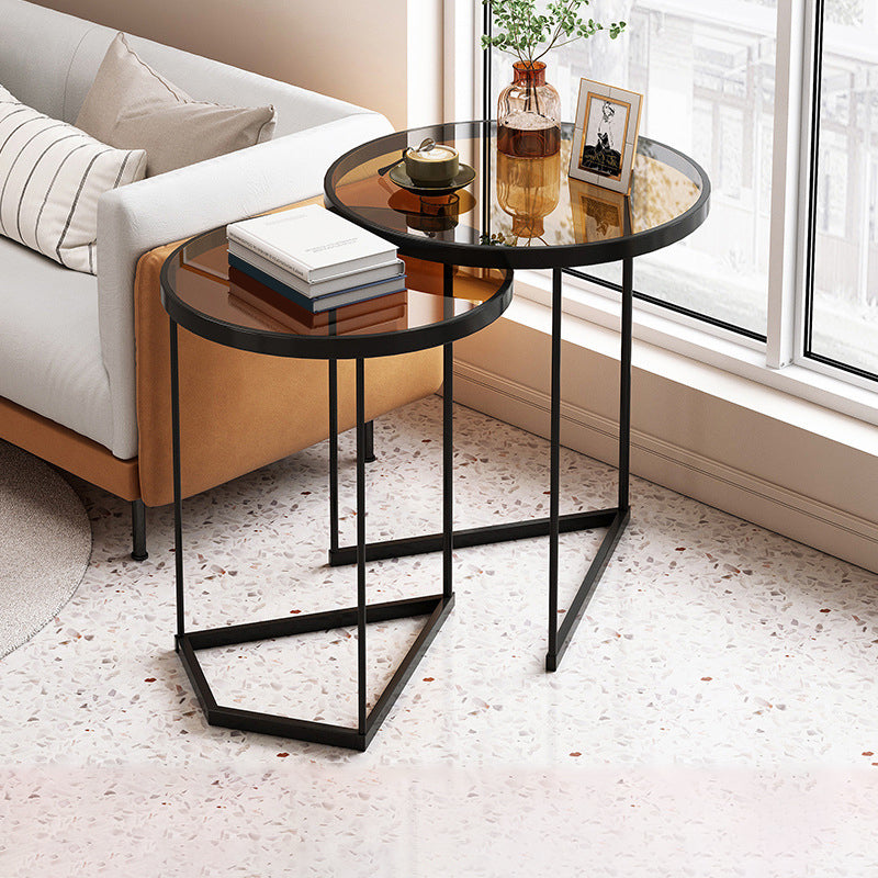 Minimalistic Coffee Table Round Glass Top Cocktail Table with Storage