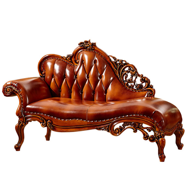Genuine Leather  Accent Chair Traditional Solid Wood Rolled Arms Chaise