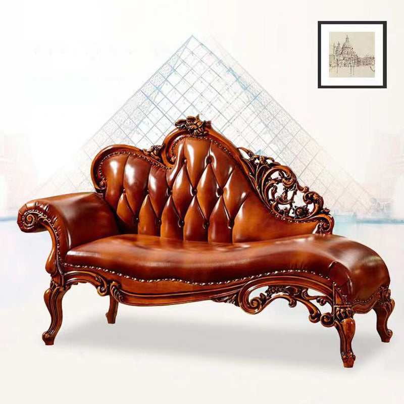 Genuine Leather  Accent Chair Traditional Solid Wood Rolled Arms Chaise