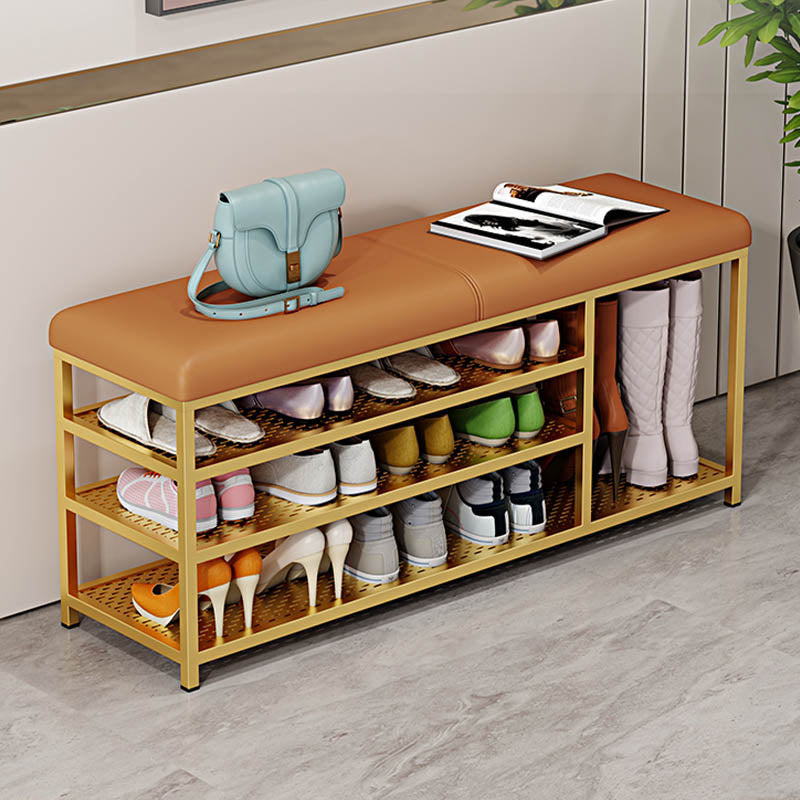 Rectangle Modern Entryway Bench Cushioned Metal Seating Bench with Shelves