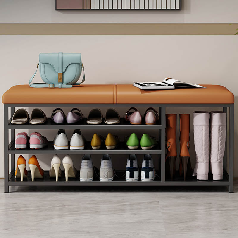 Rectangle Modern Entryway Bench Cushioned Metal Seating Bench with Shelves