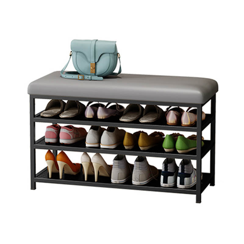 Rectangle Modern Entryway Bench Cushioned Metal Seating Bench with Shelves