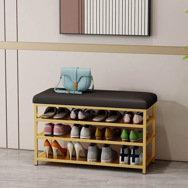 Rectangle Modern Entryway Bench Cushioned Metal Seating Bench with Shelves