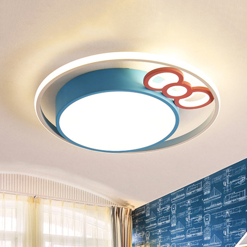 Drum Flush Pendant Ceiling Light Contemporary Acrylic Blue/Pink LED Flush Mount with Bownot for Bedroom