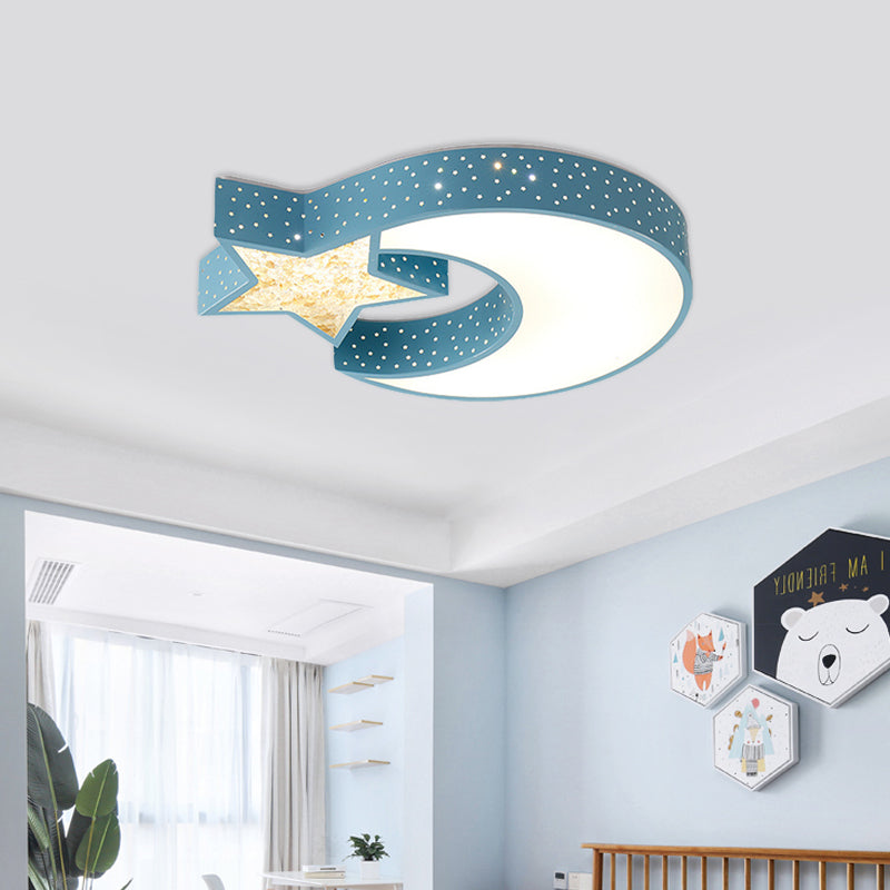 Kids Style LED Ceiling Mount Blue/Green Moon and Star Flushmount Lighting with Acrylic Shade
