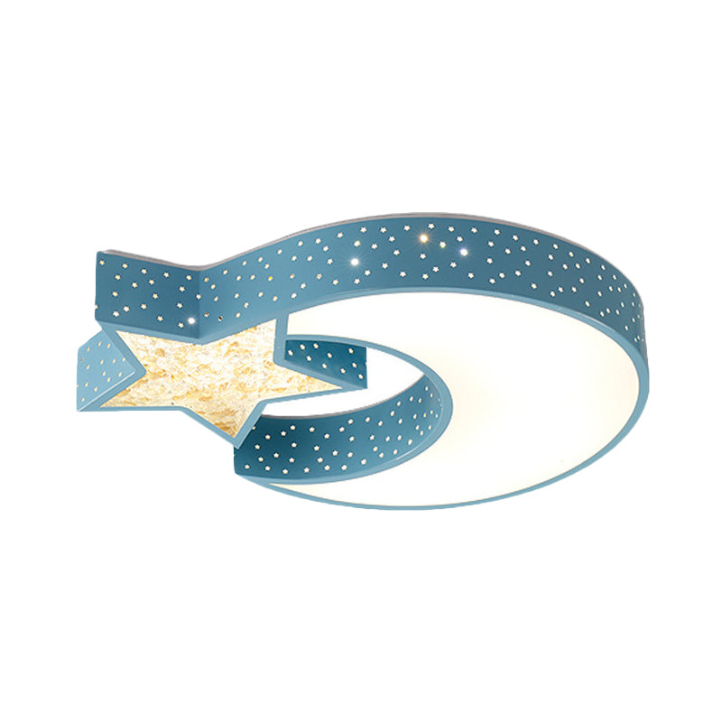 Kids Style LED Ceiling Mount Blue/Green Moon and Star Flushmount Lighting with Acrylic Shade