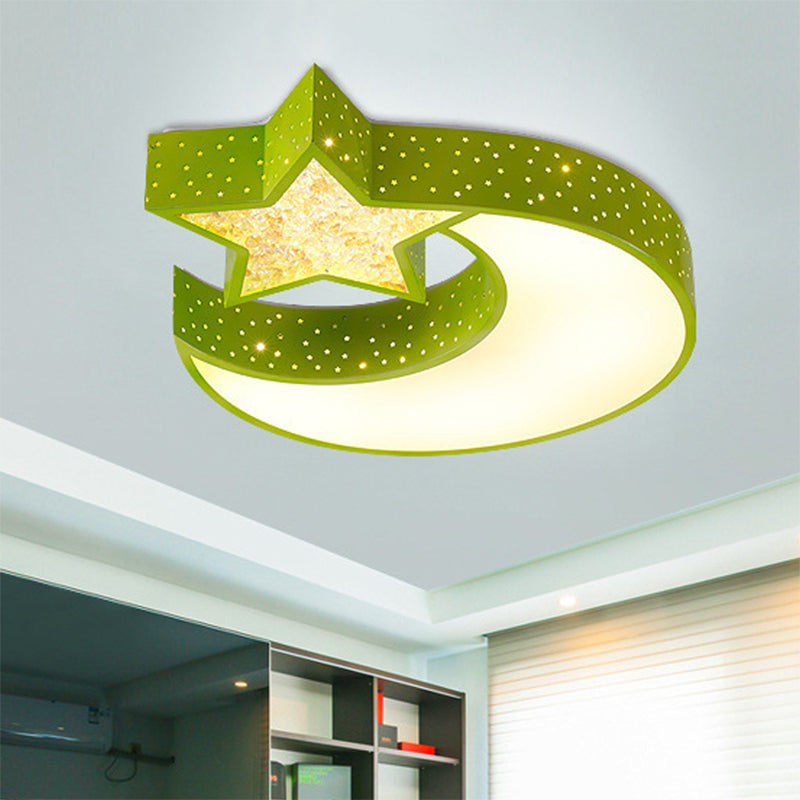 Kids Style LED Ceiling Mount Blue/Green Moon and Star Flushmount Lighting with Acrylic Shade