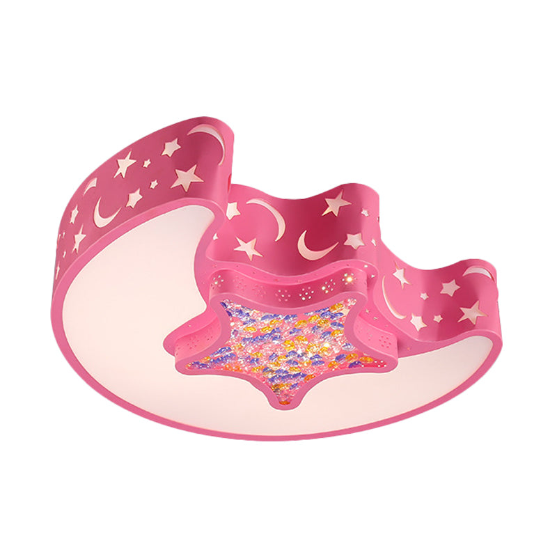 Moon and Star Ceiling Mounted Fixture Contemporary Acrylic White/Pink/Blue LED Flush Pendant Light for Bedroom