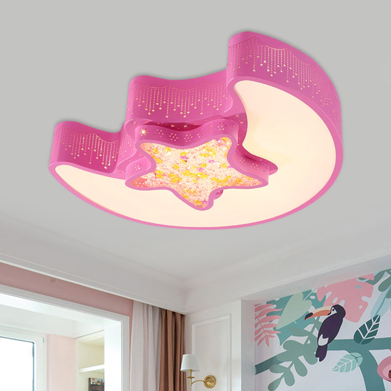 Kids Style Moon and Pentagram Ceiling Flush Acrylique Bedroom LED Flushmount Lighting with Starry Design for Bedroom in Blue / Pink / White