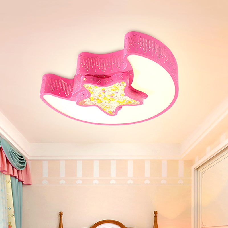 Kids Style Moon and Pentagram Ceiling Flush Acrylic Bedroom LED Flushmount Lighting with Starry Design for Bedroom in Blue/Pink/White