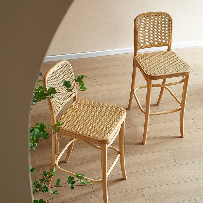 Contemporary Armless Rattan Bar Stool with Ash Solid Wood Base