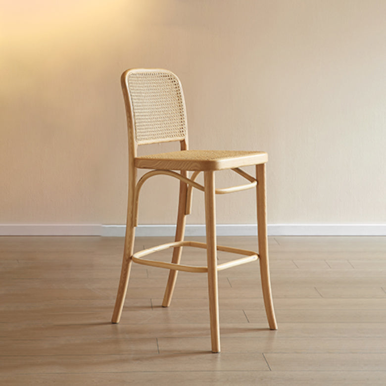 Contemporary Armless Rattan Bar Stool with Ash Solid Wood Base