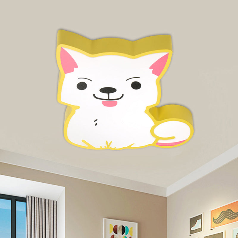 LED Kindergarten Flush Mount Pendant Light Cartoon Style Yellow/Pink Ceiling Mounted Fixture with Cat Acrylic Shade in Warm/White Light