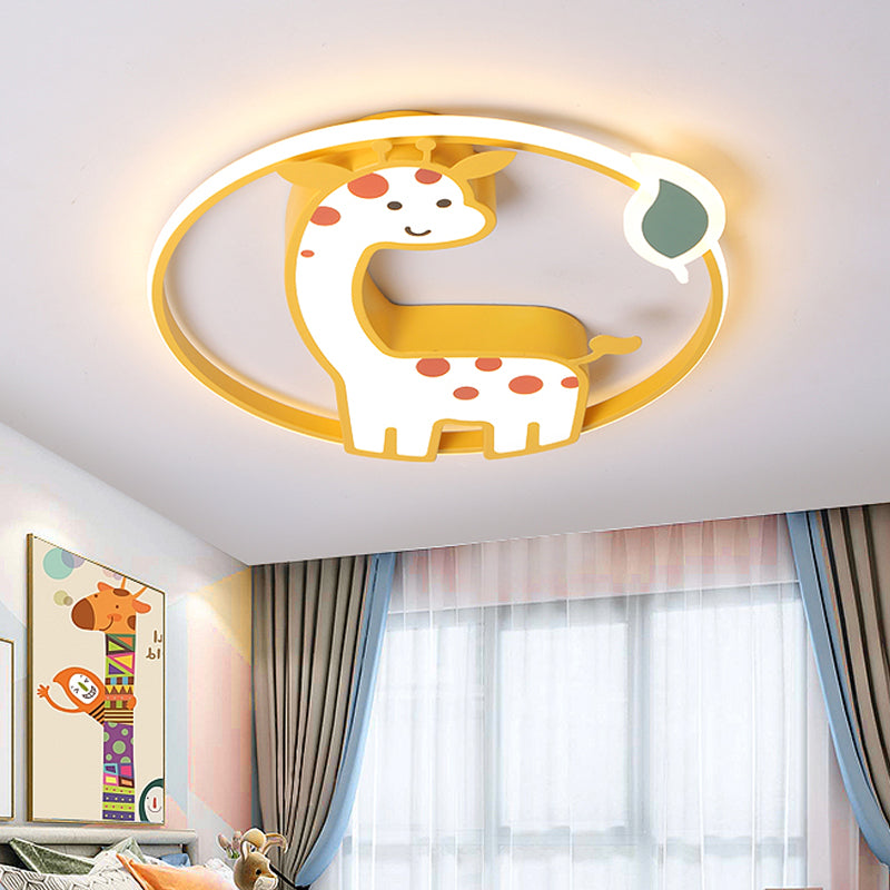 Acrylic Giraffe Flush Ceiling Light Cartoon Style Yellow Flushmount Fixture with Leaf Design in Warm/White Light