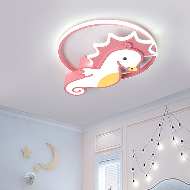 Modernist Sea Horse Flush Mount Ceiling Lamp Acrylic Kindergarten Pink LED Lighting Fixture with Ring in Warm/White Light
