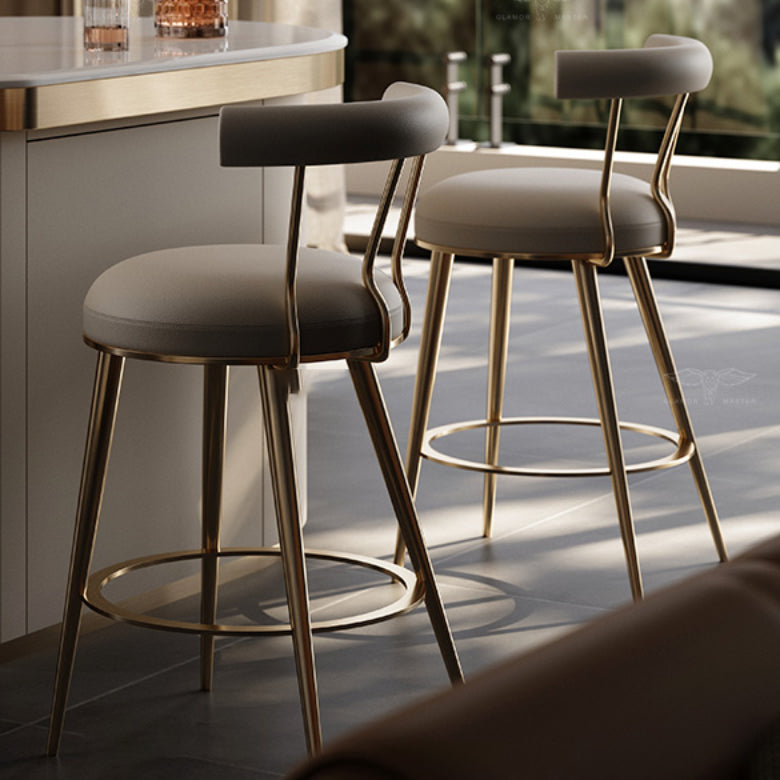 Glam Style Low Back Round Upholstered Bar Stool with Metal Legs