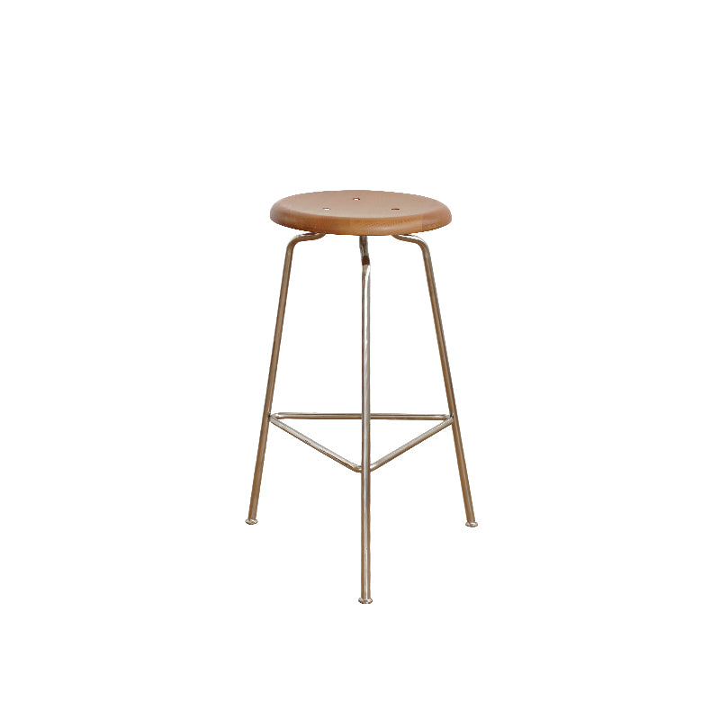 Contemporary Solid Wood Round Armless Bar Stool with Metal Base