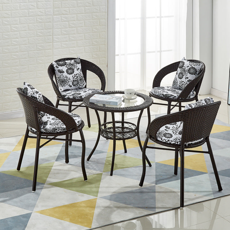 Glass Dining Table Set with Armless Rattan Chairs for Courtyard