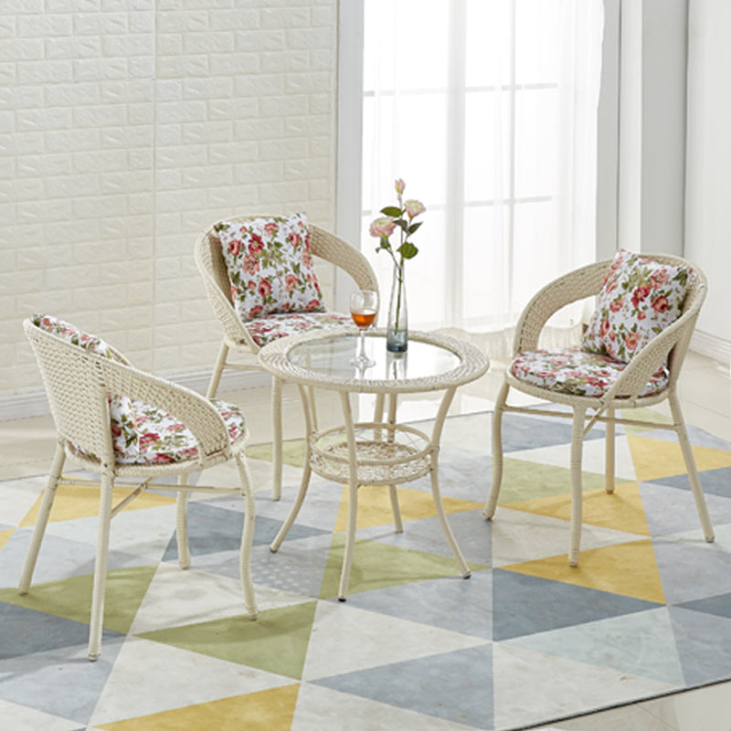 Glass Dining Table Set with Armless Rattan Chairs for Courtyard