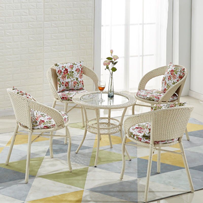 Glass Dining Table Set with Armless Rattan Chairs for Courtyard