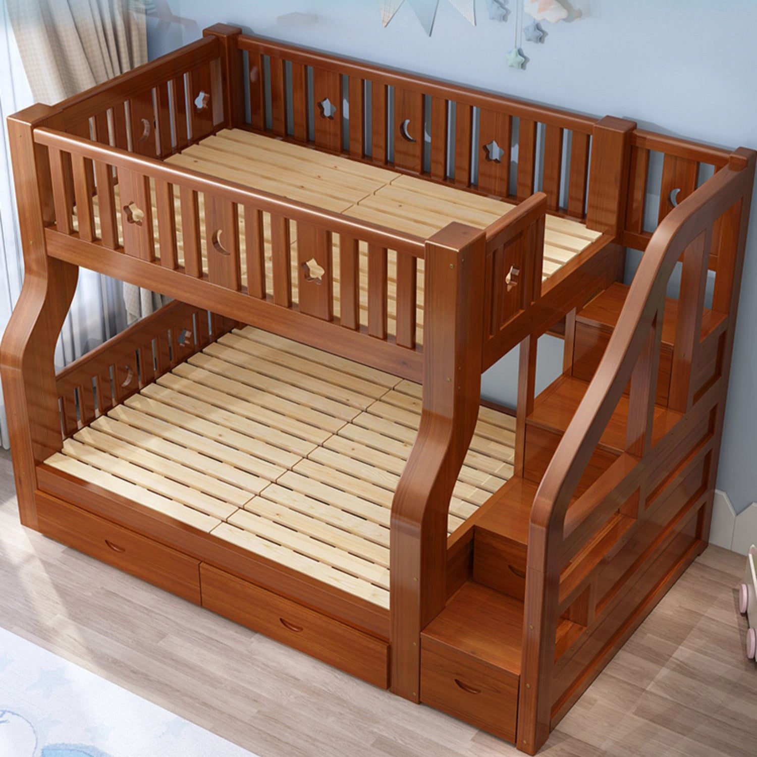 Traditional Standard Bunk Bed Twin & Single Kid's Bed with Book Shelf