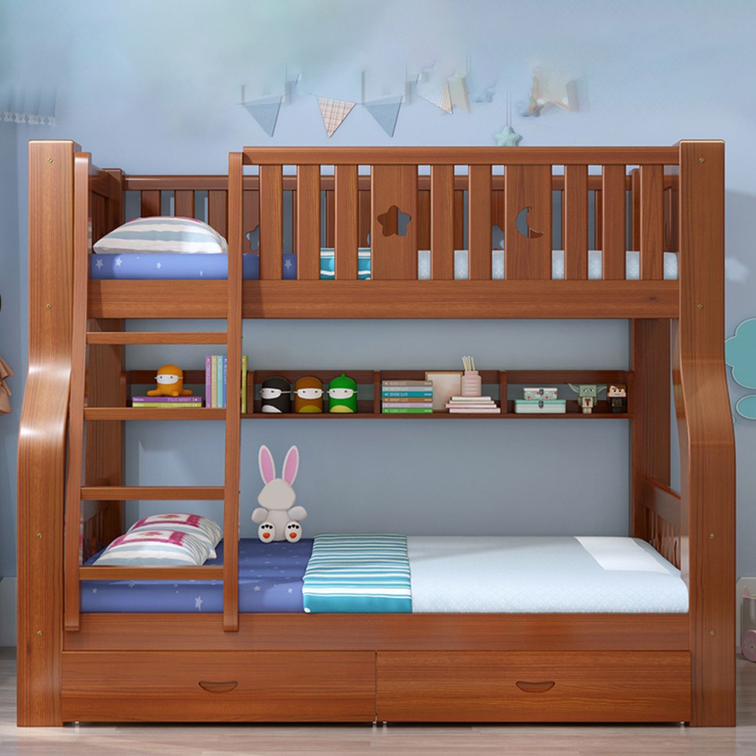 Traditional Standard Bunk Bed Twin & Single Kid's Bed with Book Shelf