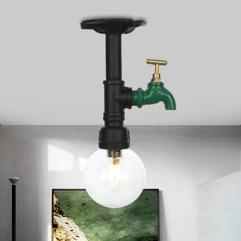 Orb Clear Glass Semi Flush Lighting Industrial 1 Bulb Restaurant Ceiling Mounted Fixture in Black