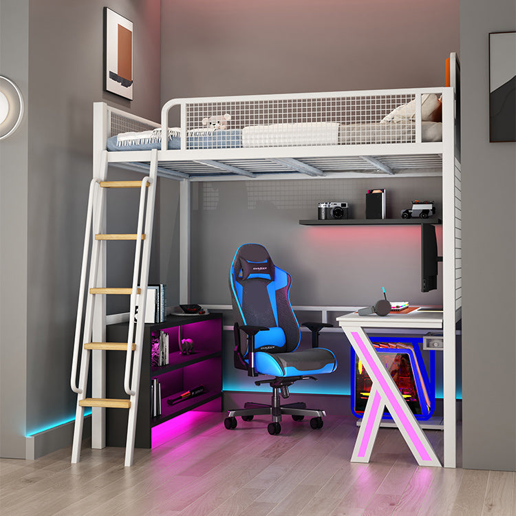 Metal Loft Bed Black/White Kids Bed with Upholstered Headboard