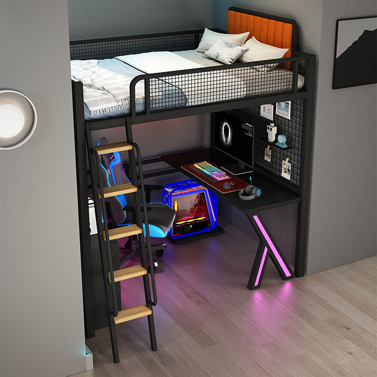 Metal Loft Bed Black/White Kids Bed with Upholstered Headboard