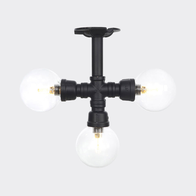 Industrial-Style Orb Semi Flush Light 3/4 Lights Clear Glass LED Flushmount Lamp in Black