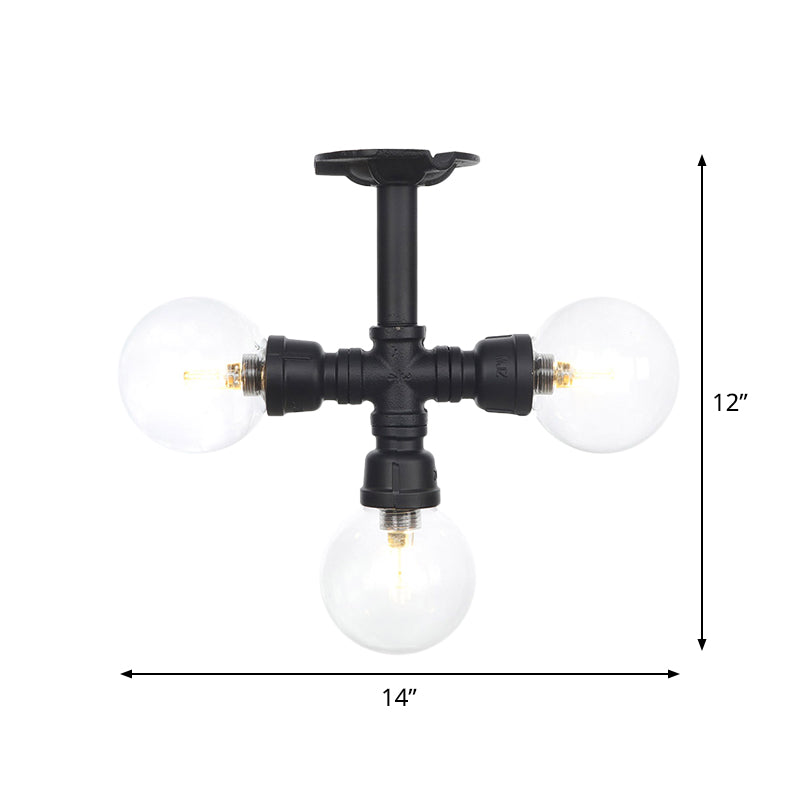 Industrial-Style Orb Semi Flush Light 3/4 Lights Clear Glass LED Flushmount Lamp in Black