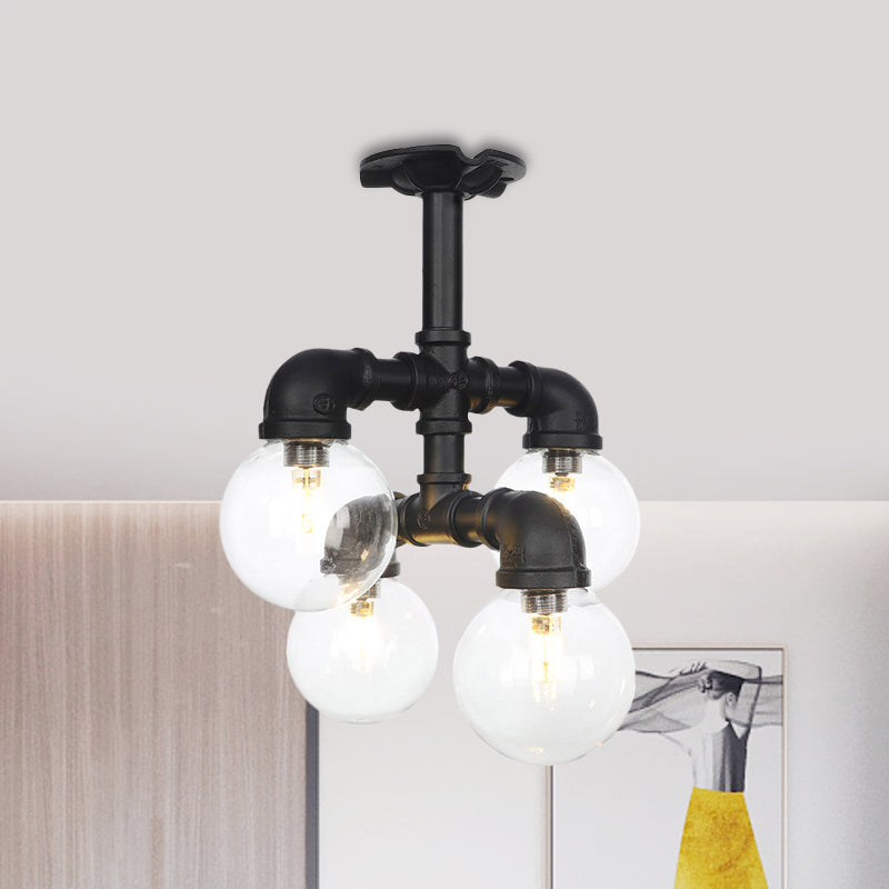 Black 4/5/6-Head Semi Flushmount Antiqued Clear Glass Ball LED Close to Ceiling Lighting