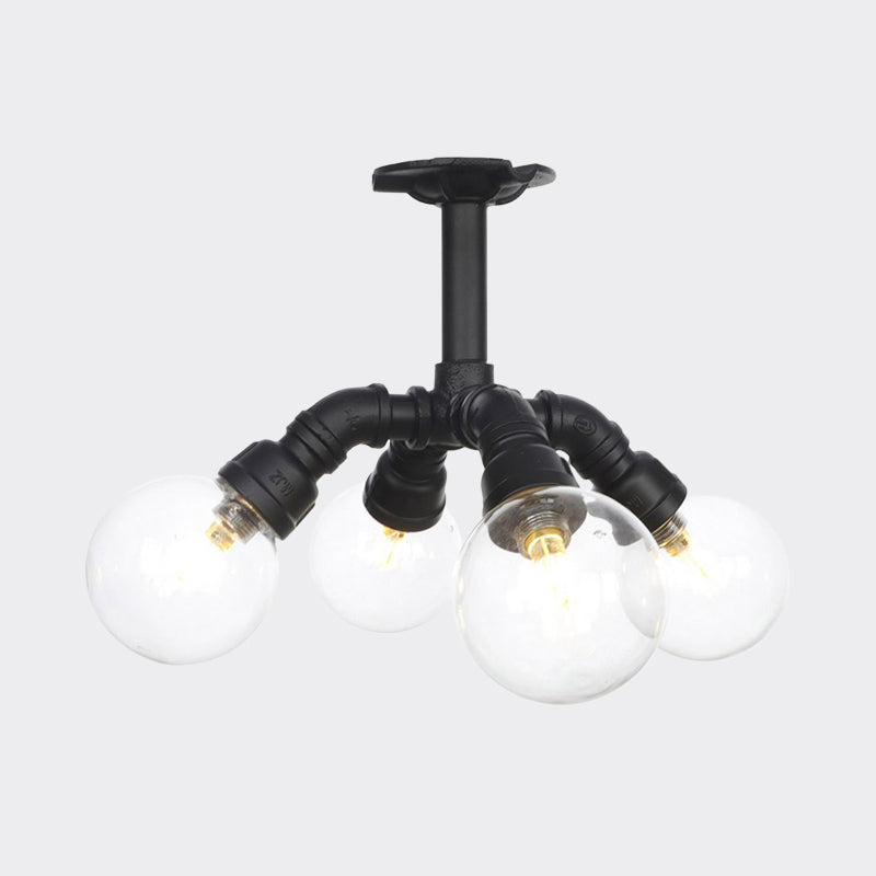 Black 4/5/6-Head Semi Flushmount Antiqued Clear Glass Ball LED Close to Ceiling Lighting
