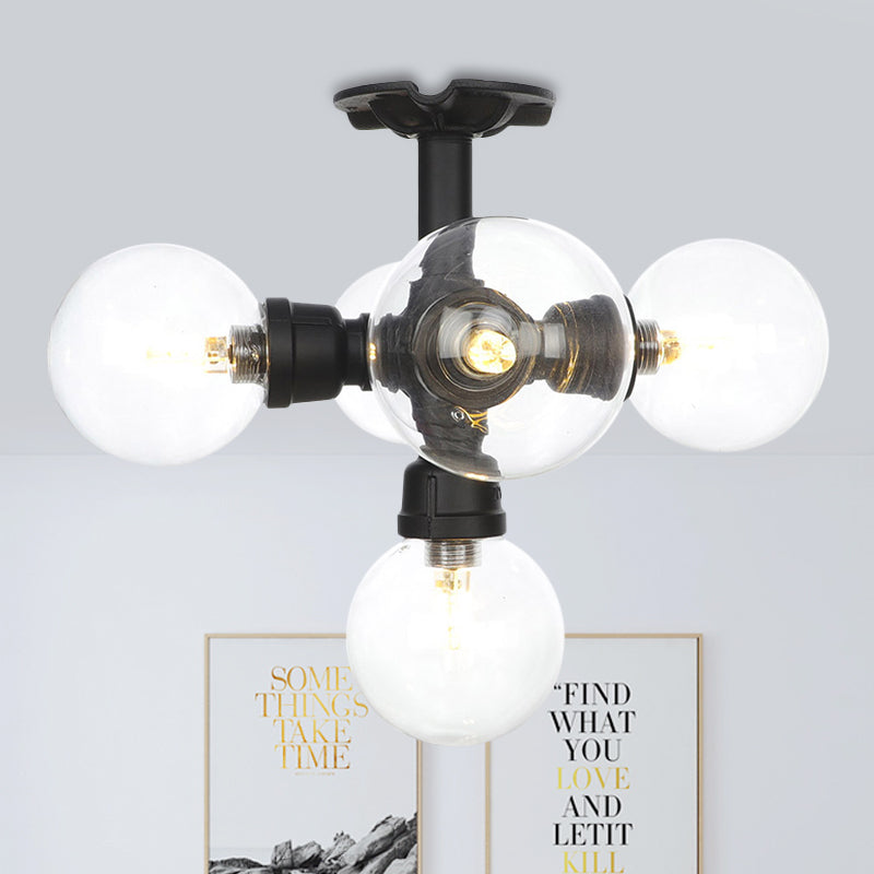 Black 4/5/6-Head Semi Flushmount Antiqued Clear Glass Ball LED Close to Ceiling Lighting